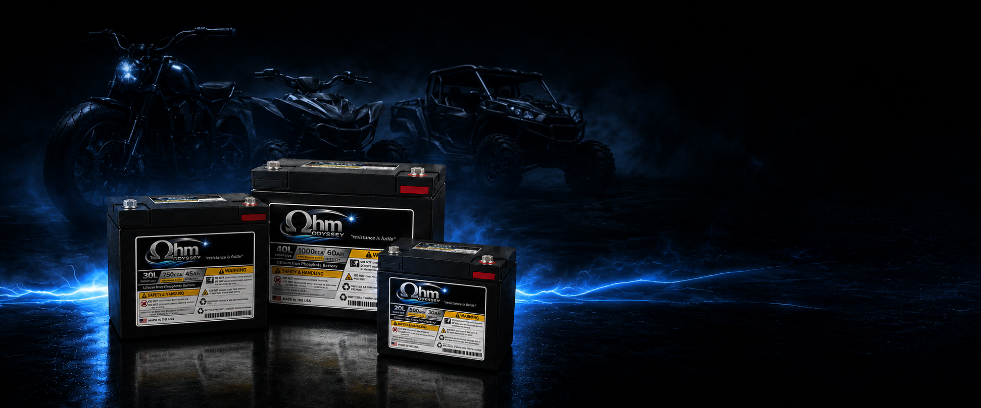 Ohm Odyssey LiFePO4 lineup with motorsports vehicles, homepage hero